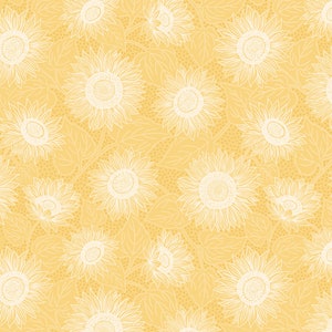 May include: A seamless pattern featuring white outline drawings of sunflowers on a yellow background. The sunflowers are arranged in a repeating pattern, with some overlapping.