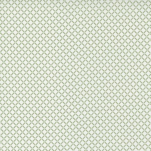 May include: A fabric featuring a repeating pattern of olive green dashed lines forming a diamond grid on a white backdrop. The texture suggests a woven material, with a slightly irregular surface.