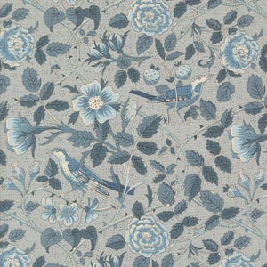 May include: A repeating pattern with blue roses, leaves, and birds on a pale grey backdrop. The design showcases detailed floral and avian elements, creating a vintage aesthetic. The colour scheme is soft, with shades of blue and grey.