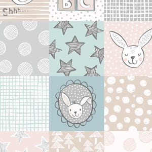 May include: A digital collage of nine different patterns, including stars, polka dots, and checkered designs. The patterns are in shades of pink, blue, and grey. The text "Shhh..." is included in the top left corner.