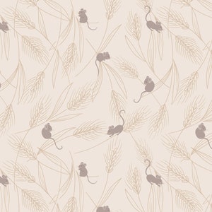 May include: A seamless pattern featuring a beige background with brown mice and wheat stalks. The mice are depicted in a simple, minimalist style, with their tails curled up behind them. The wheat stalks are drawn in a delicate, flowing line, creating a sense of movement and rhythm.