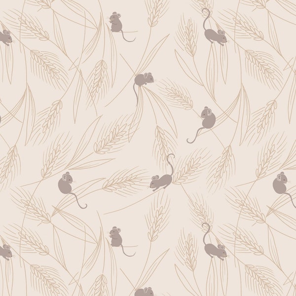 Barley Mice Cream Cotton Fabric: Autumn Fields by Lewis and Irene, Per 1/2 metre