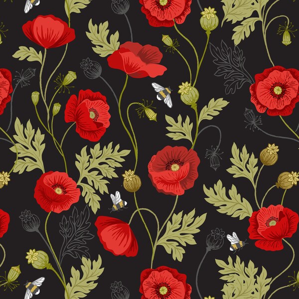 Tissu coquelicots, coquelicots et abeilles sur fond noir, tissu du jour du Souvenir, Lewis et Irene, 100 % coton, patchwork de patchwork, par 1/2 mètre