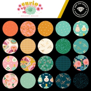 May include: A selection of fabric samples featuring diverse patterns and colours, such as floral, geometric, and bird motifs. The samples are presented in circular forms against a black backdrop. The image includes the text "curio" and "Melody Miller".