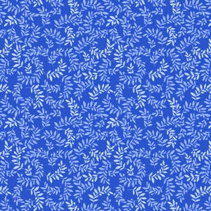 May include: A seamless pattern of white stylised branches with leaves on a bright blue background.