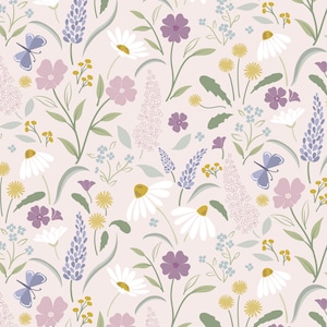 May include: A seamless pattern featuring a variety of flowers in shades of purple, blue, white, and yellow on a light pink background. The flowers include daisies, lupins, forget-me-nots, and other wildflowers.