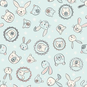Bella Bunny and Bear Faces on Pale Blue, by Lewis and Irene, New Baby Fabric, Baby Fabric for Sewing projects, 100% Cotton, per 1/2 metre