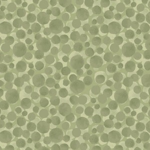 May include: A seamless pattern of green watercolour circles on a light green background. The circles are of varying sizes and are randomly arranged.