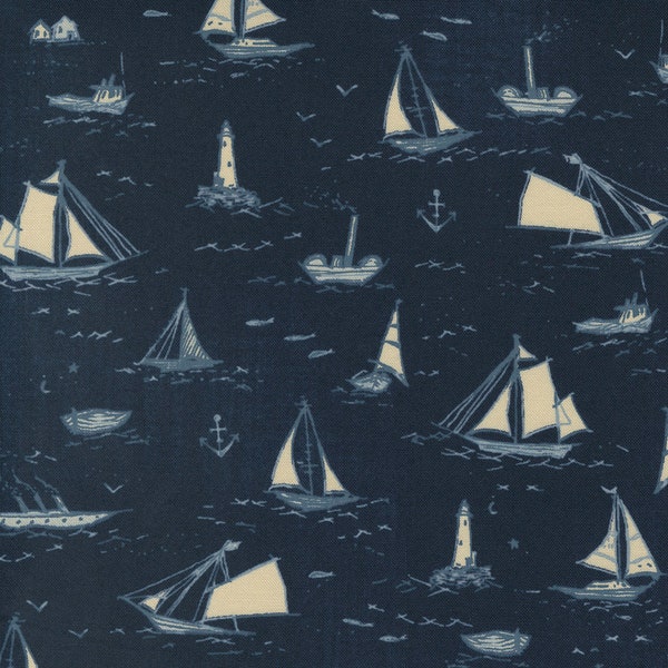 Voiles sur un océan sombre, collection 'To The Sea', par Janet Clare, Moda, Voiles, Navires, Bateaux, Tissu sur le thème de la mer, 100% Coton, par 1/2 mètre