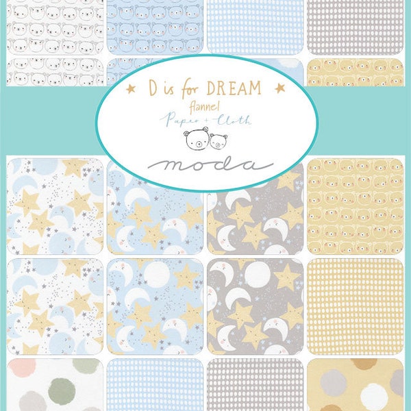 D is for Dream Flannel Charm Pack, 42 x 5 inch Squares, by Paper + Cloth, Moda, Baby Fabric for Sewing projects, 100% Cotton, Precut Squares