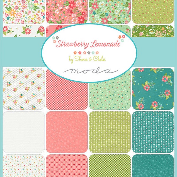 Strawberry Lemonade, Floral Theme, Pink and Green,  42 x 5" Squares, Charm Pack, by Sherri and Chelsi, Moda, 100% Cotton, 42 Pre-cut Squares