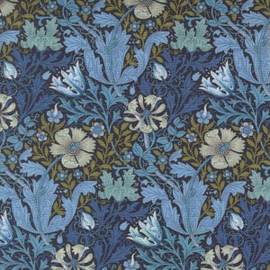 May include: A repeating pattern with floral and foliage motifs in blue, green, and cream on a dark navy backdrop. The design showcases large, stylized leaves and flower blossoms, offering a classic, decorative appearance, reminiscent of traditional textile designs.