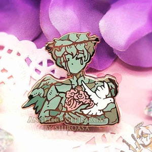 Crying Angel Statue enamel pin, broken statue pin, pink roses, Rose Gold finish