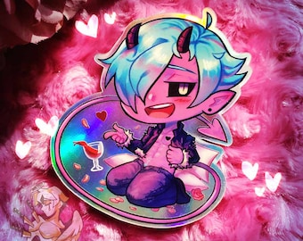 May include: A holographic sticker featuring a cartoon character with pink skin, blue hair, and horns. The character is wearing a black leather jacket and jeans. The sticker is set against a pink fuzzy background.