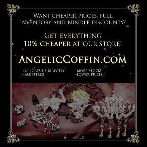 May include: A collection of enamel pins featuring various designs, including a skeleton with roses, a cherub, and a skull. The pins are displayed on a brown leather surface. The text "ANGELICCOFFIN.COM" is displayed in a gold font on a black background. The text "GET EVERYTHING 10% CHEAPER AT OUR STORE!" is also displayed in a gold font on a black background.