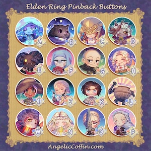 Op de afbeelding: Een set van 16 Elden Ring pinback-knoppen met verschillende personages uit de game. De knoppen zijn rond en hebben een kleurrijke achtergrond met een witte rand. Elke knop toont een ander personage uit de game, waaronder een ridder, een tovenaar, een krijger en een draak.