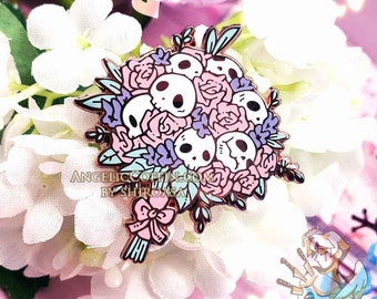 Skull Bouquet enamel pin, creepy cute pin, pastel goth pin, kawaii floral pin, gothic valentine pin, Rose Gold finish