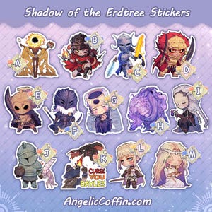 May include: A set of 13 stickers featuring characters from the video game Elden Ring. The stickers are printed on white backgrounds and feature a variety of characters, including a knight, a sorcerer, and a dragon. The stickers are all in a cartoon style and are perfect for adding a touch of Elden Ring to your belongings.
