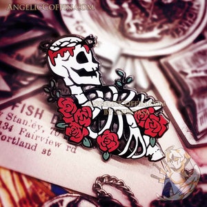 Rose Skeleton Gothic Enamel Pin, macabre occult pin, death pin, black nickel finish