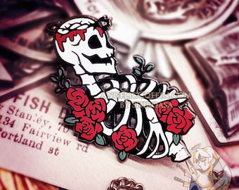 Rose Skeleton Gothic Enamel Pin, macabre occult pin, death pin, black nickel finish