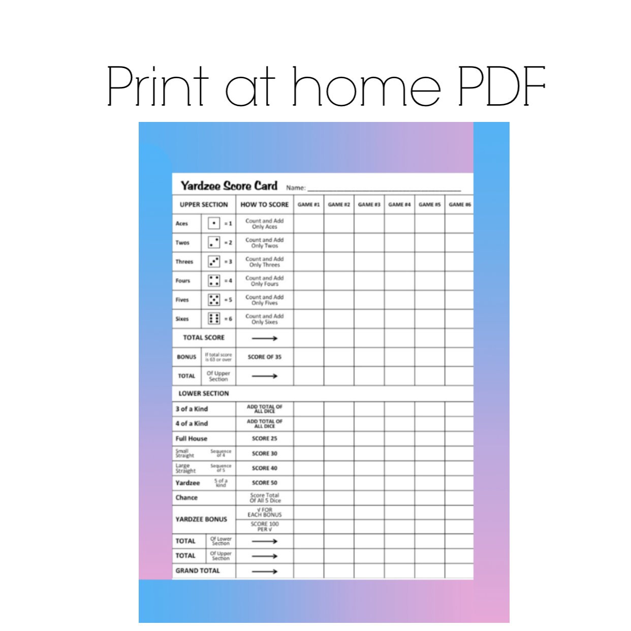 printable yahtzee score card
