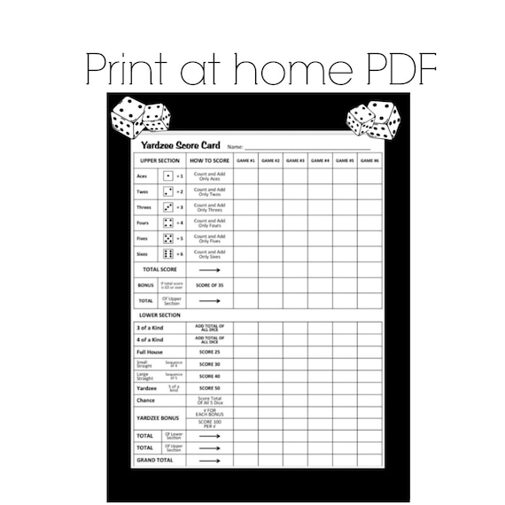 printable yahtzee score card family games print your own etsy