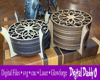 DIGITAL FILE Drink Coasters w/ holder 1/4" plywood CNC Laser Glowforge