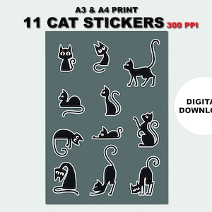 Cute Digital Sticker Pack, CUTE BLACK CATS, Digital Print Stickers