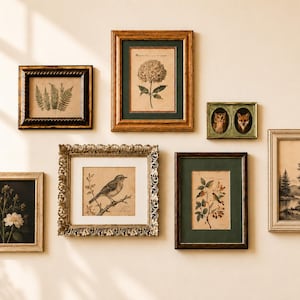 Może przedstawiać: Galeria ścienna składająca się z siedmiu oprawionych grafik. Kolekcja obejmuje ilustracje botaniczne paproci i kwiatów, ptaka na gałęzi, krajobraz leśny oraz małą podwójną ramkę z portretami sowy i lisa.