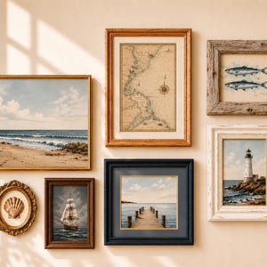 May include: A gallery wall arrangement featuring seven framed artworks with nautical themes, including a beach landscape, a vintage map, two fish illustrations, a seashell, a sailing ship, a wooden pier, and a lighthouse on a rocky coast.