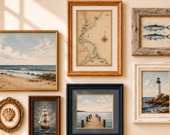 Curated Coastal Gallery Wall Set, Vintage Picture Frames & Nautical Art Prints, Beach House Decor, Coastal Wall Art, Beach House
