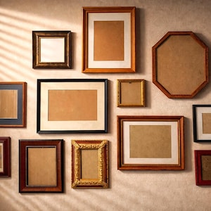 May include: A collection of various framed pictures in different shapes and sizes, arranged on a textured wall. The frames are in shades of brown, gold, and black, with some featuring white matting. The arrangement includes rectangular, square, and octagonal frames.