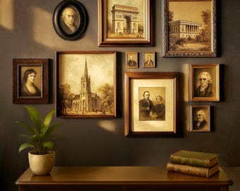May include: A collection of framed sepia-toned prints and portraits, including architectural scenes and historical figures, arranged on a dark wall. A wooden cabinet with a potted plant and books sits below the artwork, creating a classic, vintage aesthetic.