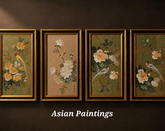 Vintage Asian Watercolor Paintings | Japanese Style Art | Chinese Style Art | Painted Birds & Flowers