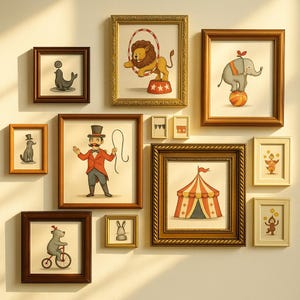 May include: A collection of framed circus-themed art prints. The prints feature illustrations of a lion in a hoop, an elephant on a ball, a ringmaster, a seal, a bear on a bicycle, and a circus tent. The frames are various sizes and colors.