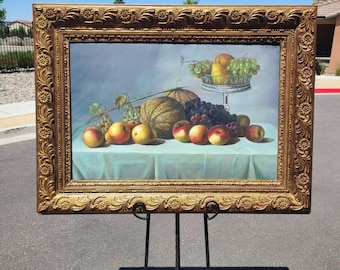 Large Original Oil Painting | Large Gallery Wall Frame | Fruit Painting | Vintage Gold Frame | XL Gold Frame | Fruit Basket Art