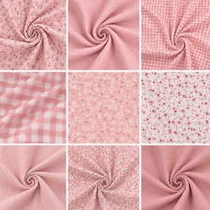 May include: Nine swirled fabric samples in shades of pink. Patterns include small floral prints, gingham checks, and solid textures. The fabrics are arranged in a grid, showcasing a variety of textures and designs.