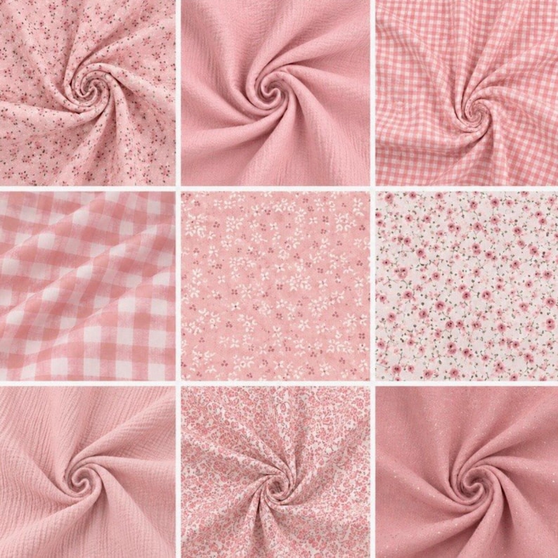 May include: Nine swirled fabric samples in shades of pink. Patterns include small floral prints, gingham checks, and solid textures. The fabrics are arranged in a grid, showcasing a variety of textures and designs.