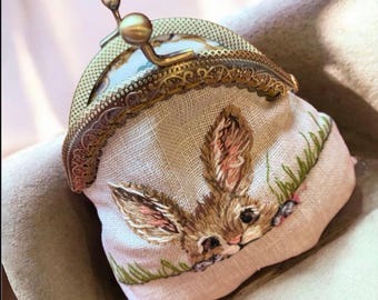 Hand embroidered bunny coin purse – linen kiss lock pouch, cute small gift for her