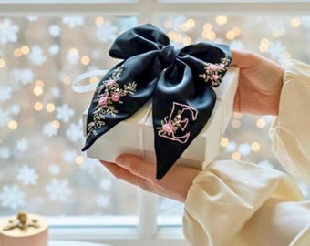 Personalized Embroidered Floral Bow Hair Clip, Custom Initials