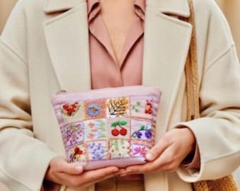 Linen Cosmetic Bag Handmade Embroidered Makeup Pouch Zipper Bag for Women
