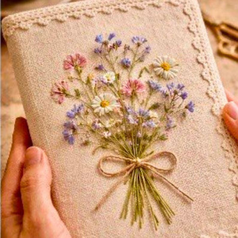 May include: A beige journal with a floral embroidery design. The embroidered bouquet features pink, white, and blue flowers tied with a twine bow. The journal's edges are trimmed with a delicate lace.