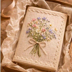 May include: A beige journal with a floral embroidery design. The cover features a bouquet of pink, blue, and white flowers tied with a bow. The edges are trimmed with a delicate lace border. The journal is presented in a brown box with tissue paper.