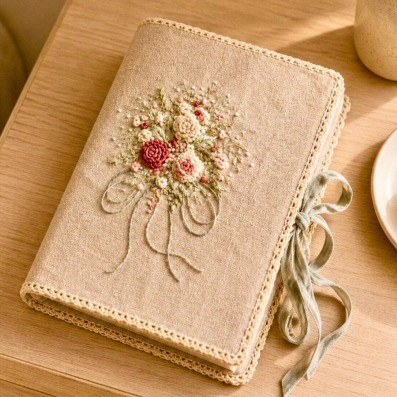 May include: A beige linen journal with a floral embroidery design. The cover features a bouquet of red, pink, and cream-colored flowers with green leaves. The edges are trimmed with a crocheted border, and a sage green ribbon ties the journal closed.