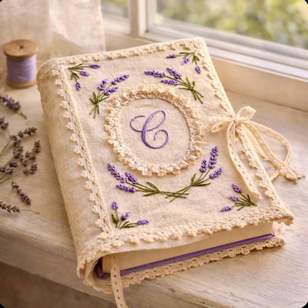 Embroidered Book Cover Personalized, Linen Book Sleeve, Gift for Book Lover, Teacher Gift, Custom Initial Cover, Handmade Floral Cover