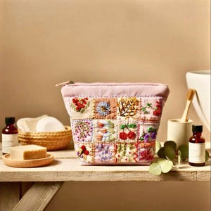 Peut inclure: Une trousse de maquillage rose clair avec un motif patchwork orné de motifs floraux et fruités brodés. Le sac est présenté sur une étagère en bois avec d'autres accessoires de salle de bain, dont du savon, des flacons et une brosse à dents.