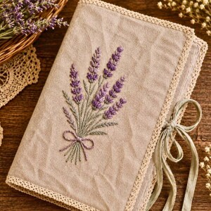 May include: A beige fabric journal cover with a lavender embroidery design. The embroidered lavender bouquet is purple and green, tied with a small bow. The cover is trimmed with a cream-colored lace and tied with a green ribbon.