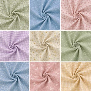 May include: Nine fabric swatches in various colors and patterns. The patterns include small floral prints, polka dots, gingham checks, and butterfly designs. Colors range from light green, blue, and pink to lavender, cream, and yellow.