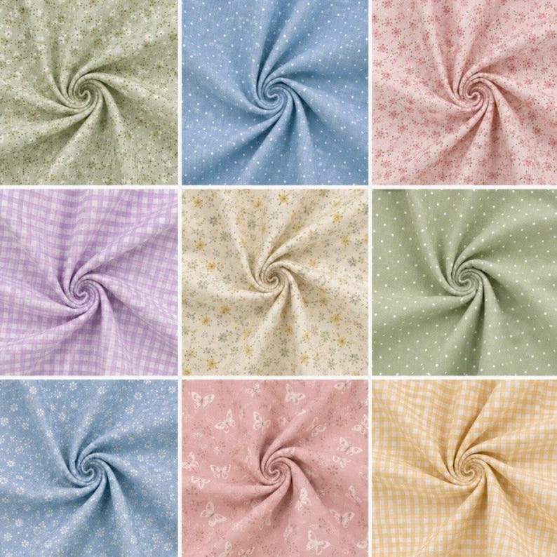 May include: Nine fabric swatches in various colors and patterns. The patterns include small floral prints, polka dots, gingham checks, and butterfly designs. Colors range from light green, blue, and pink to lavender, cream, and yellow.