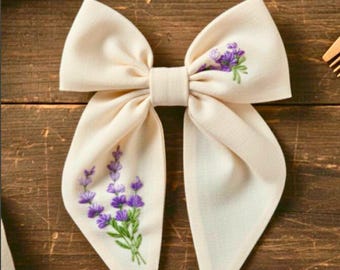 Lazo para el cabello de lino personalizado, lazo de flores bordado a mano, lazo para el cabello con nombre personalizado para niñas, lazo para el cabello con inicial, regalo de horquilla hecha a mano